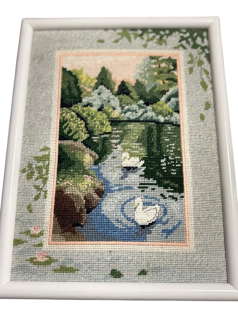 VTG Dimensions Framed Cross Stitch From The Heart of Swans Sunset Greens & Blues